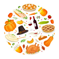 Thanksgiving Round Composition with Autumn Fest Object Vector Template