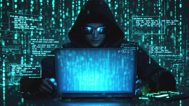 Hacker in Hoodie and Glasses Working on Laptop with Binary Code. Cybersecurity, Cybercrime, Data Breach, Hacking, and Technology Concepts. Seamless Looping Video.