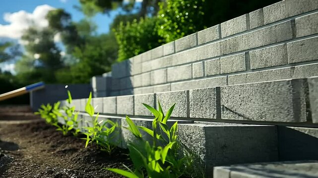 Interlocking concrete blocks showcased in a partially built retaining wall, with freshly mixed mortar and trowels resting nearby on a construction platform.
