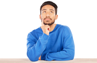 Thinking, idea and young man brainstorming for a choice, decision or option by wooden table. Planning, memory and Indian male person dreaming for reflection isolated by transparent png background.