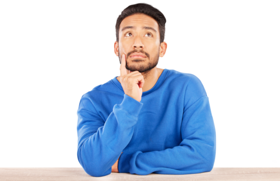 Thinking, idea and young man brainstorming for a choice, decision or option by wooden table. Planning, memory and Indian male person dreaming for reflection isolated by transparent png background. - Powered by Adobe