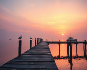 Serenity at dawn unfolds over a tranquil pier with birds watching the sunrise on a calm waterway