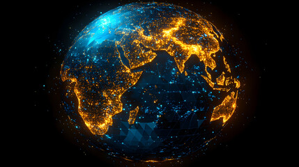 Global network connection, digital world map, night lights, technology concept, website background