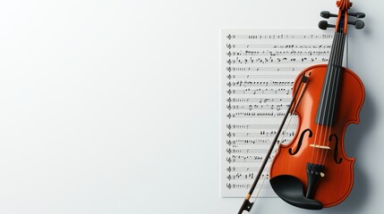 Naklejka premium A close-up of a violin placed next to a sheet of music, showcasing the elegance of musical instruments and notation.