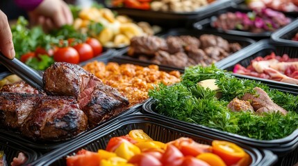 fresh halal food and grocery. Colorful assortment of grilled meats and fresh vegetables on display.