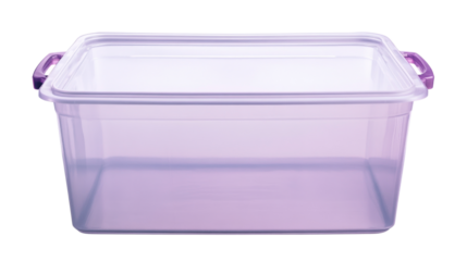 Empty plastic storage container with purple handles on transparent background