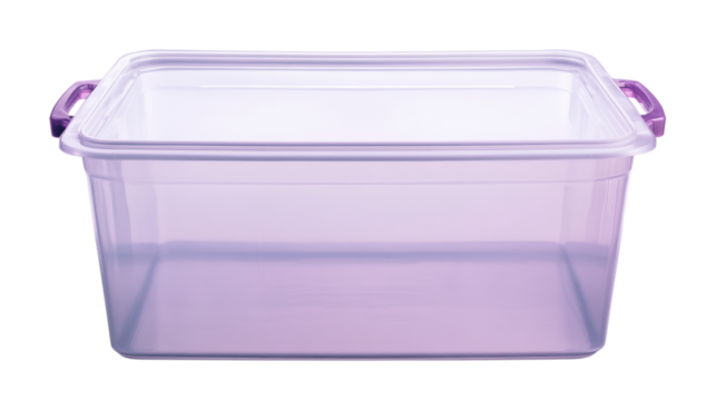 Empty plastic storage container with purple handles on transparent background