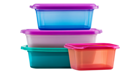 Colorful plastic food containers with lids on transparent background