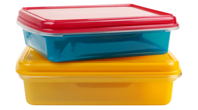 Colorful plastic food storage containers with lids stacked on transparent background