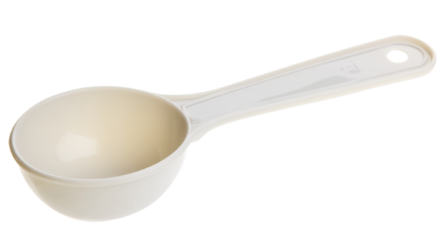 White plastic measuring spoon on transparent background