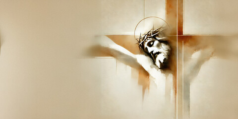Portrait of Christ with crown of thorns during crucifixion.
