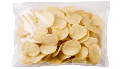 Plastic bag containing round potato chips on transparent background