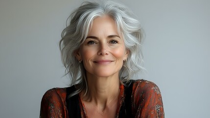 Confident mature woman with silver gray hair and natural smile wearing rust colored sweater against neutral background, radiating warmth and authenticity.
