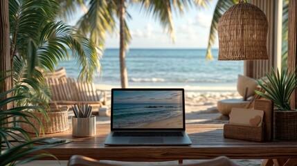 laptop with view of beach in background