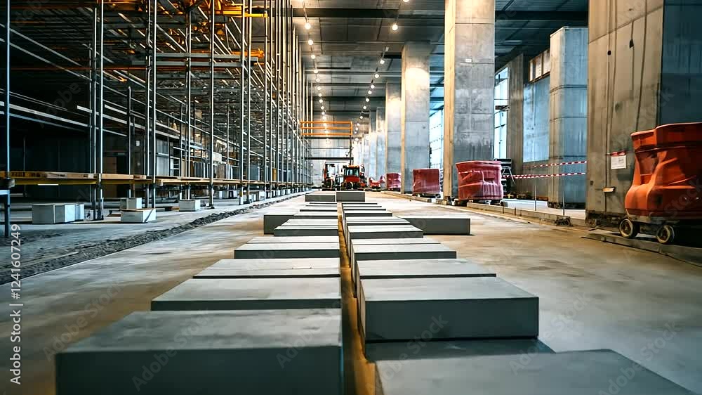 Poster precise rows of hollow concrete blocks stacked on a concrete floor, surrounded by scaffolding and co