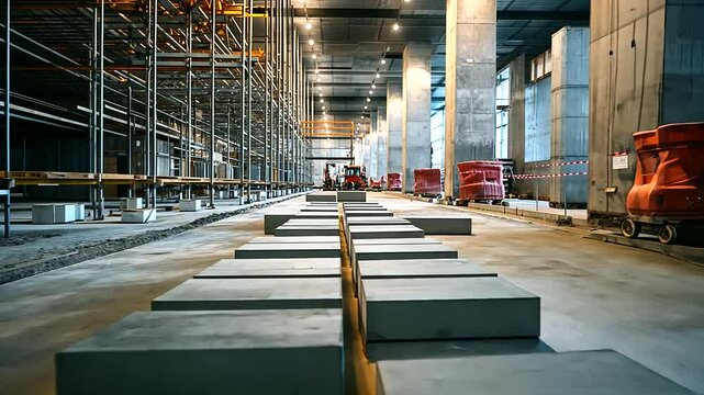 Precise rows of hollow concrete blocks stacked on a concrete floor, surrounded by scaffolding and construction equipment in the background.