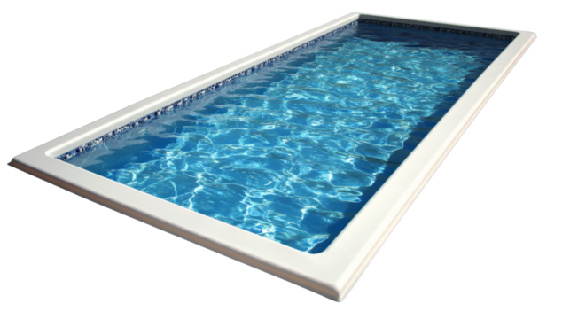 Prefabricated rectangular swimming pool filled with clear blue water on transparent background