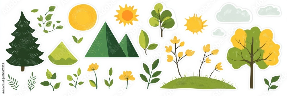 Aufkleber colorful stickers featuring nature elements such as trees, mountains, and weather icons designed for