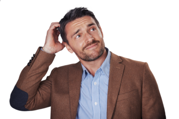 Businessman, confused and thinking of option, opportunity or offer by announcement. Swedish person, entrepreneur and doubt face for suggestion for choice on isolated or transparent png background