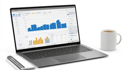 Laptop displaying analytical data with graphs and charts, coffee cup nearby in a modern workspace