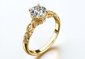 Gold engagement ring, diamond, studio, white background, jewelry