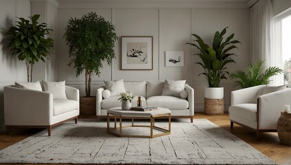 Cozy Living Room with Sofa, Chairs, and Plants Against White Paneled Walls

