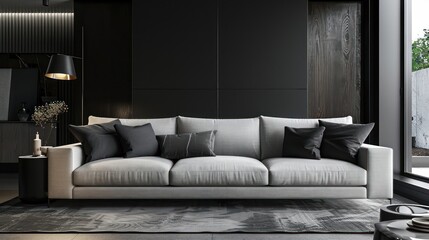 Minimalist Living Room in Black with Light Grey Sofa and Charcoal Throw Pillows