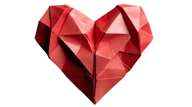 Red origami heart showing love and affection on transparent background