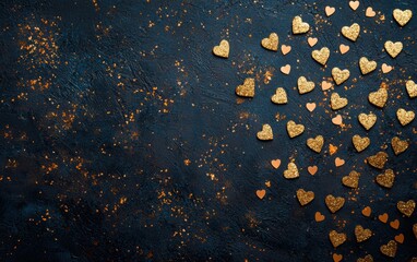 Luxury mockup background with space for text featuring heart-shaped golden confetti gently scattered over a dark velvet texture for a high-end festive look for Saint Valentines Day