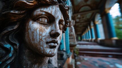 An elegantly weathered statue stands serene in an empty corridor, embodying the haunting beauty and timeless presence of art amidst the deterioration of its surroundings.