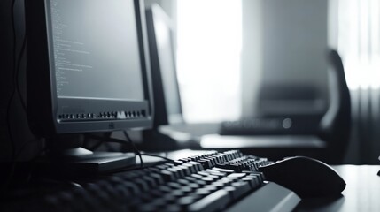 A dimly lit office scene featuring computer workstations with coding on screens and soft light