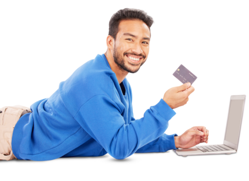 Man, portrait and laptop with credit card of ecommerce sales, online shopping or fintech payment isolated on transparent png background. Happy asian guy, computer or code for banking, savings or deal