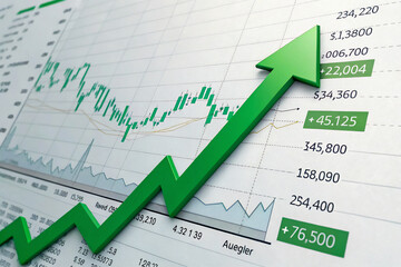 グラフ上の上向きの緑の矢印,上昇トレンドライン,成長チャート