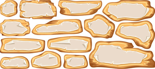 Cartoon game ui panels with rolled up empty paper sheets and pages. Set isolated wooden brown elements for covers, banners, applications, notebooks, mobile games. Vector signboards with space for text