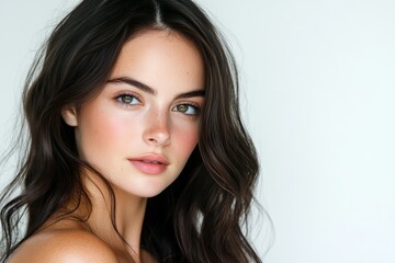 Obraz premium Close-up portrait of a brunette woman with soft hair against a bright white background, ideal for beauty and fashion campaigns