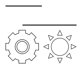 Gear outline adjacent to a sun shape divided by lines, symbolizing work-life balance, energy, industry, and nature. Ideal for teamwork, productivity, sustainability, contrasts duality systems