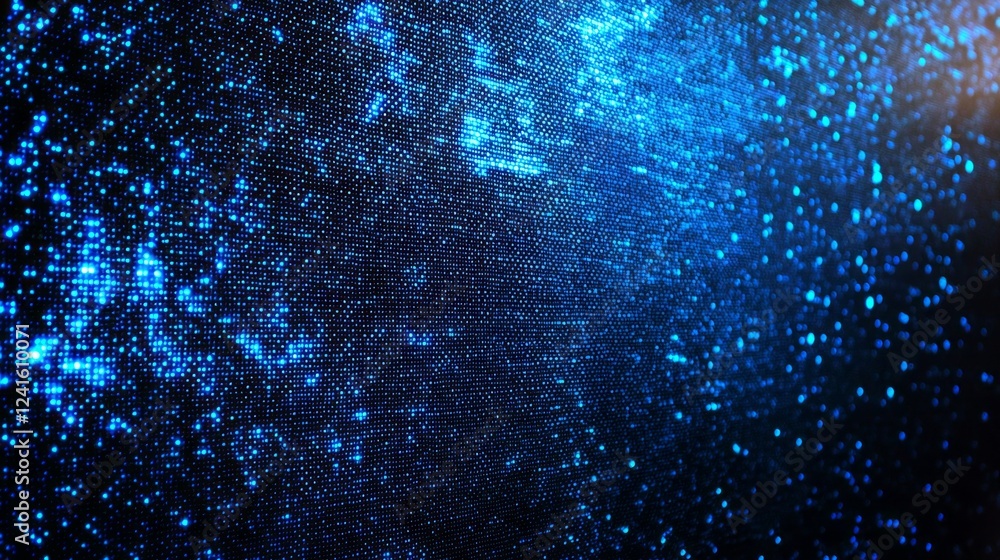 Poster radiant particles swirl across a dark expanse, creating an enchanting cosmic illusion. the deep blue