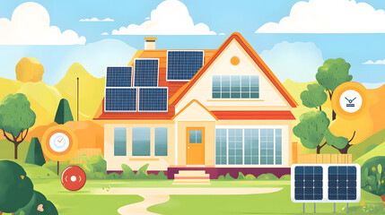 Fototapeta premium Eco-friendly modern smart home with solar panels and energy storage for sustainable living and reducing energy costs.Modern smart home with solar panels and battery storage, achieving energy self-suff