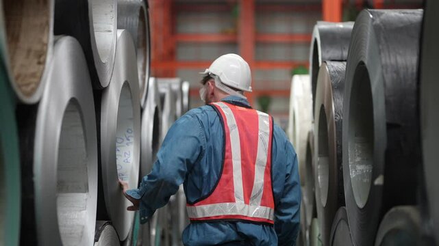 Industrial Warehouse Worker: A worker in a hard hat and safety vest inspects large rolls of material within a vast industrial warehouse, surrounded by towering stacks of inventory.