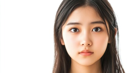 Fototapeta premium Portrait of a teenage Asian girl with long dark hair and expressive eyes against a white background showcasing youthful beauty and serenity.