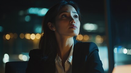 Businesswoman in tailored black suit with long dark hair reflecting on ideas in modern office at night, city lights in background, diverse teamwork atmosphere.