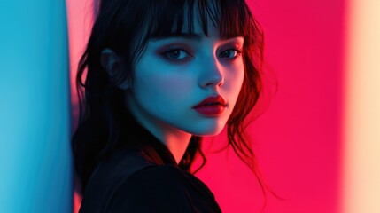 Bright young woman with makeup showcasing an expressive gaze against a vibrant pink and blue background in a modern artistic setting.