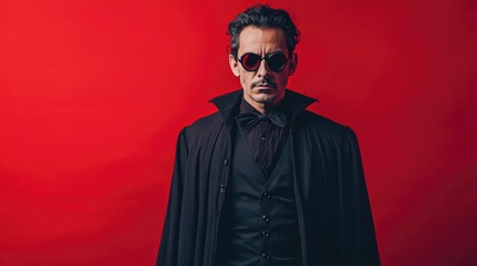 Obraz premium Mysterious man dressed as a vampire in a black cape and sunglasses against a vibrant red background for Halloween celebration.