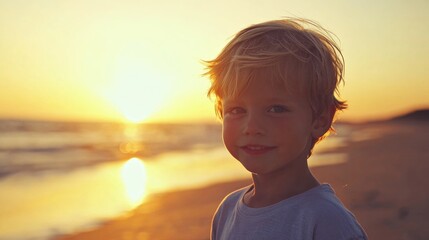 Blonde toddler boy joyfully walking along a sandy beach during a warm sunset, with sunlit waves gently lapping at the shore, vibrant golden hues.