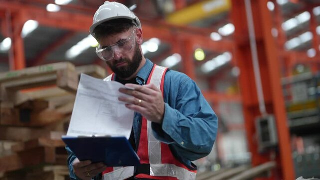 Industrial Worker Reviewing Document: A focused male worker in a hard hat and safety vest meticulously reviews a document on a clipboard within a large industrial facility.