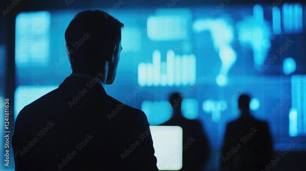 Poster business manager analyzing data graphs in a modern office setting with blue digital screens, silhoue