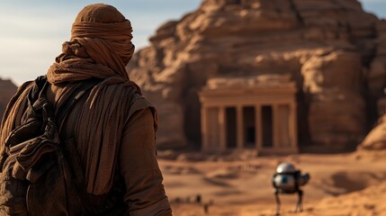 An explorer stands amidst breathtaking desert landscapes, gazing at an ancient structure, representing the fusion of humanity's history with the beauty and harshness of nature.