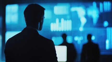 Business manager analyzing data graphs in a modern office setting with blue digital screens, silhouettes of colleagues in the background.