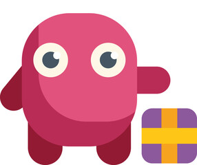 Cute pink cartoon monster is presenting a wrapped gift box, symbolizing generosity, celebration, and special occasions