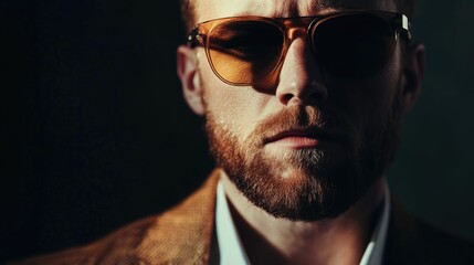 Obraz premium Portrait of a confident man with a well-groomed beard wearing stylish sunglasses in a professional setting with dramatic lighting and a brown blazer.